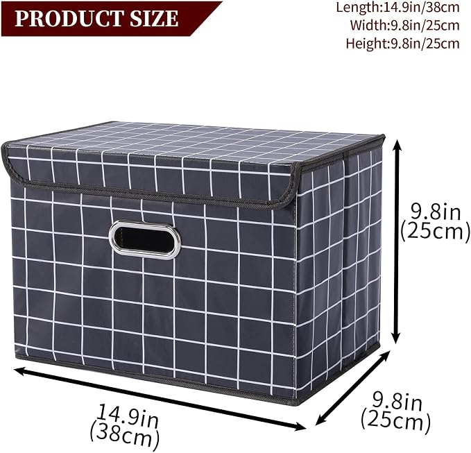 STOREONE Fabric Storage Cube Bins Foldable Organizer Container Collapsible Basket with Lids and Metal Handles, for Home, Bedroom, Closet 6 Pcs (Black grid) - Image 2