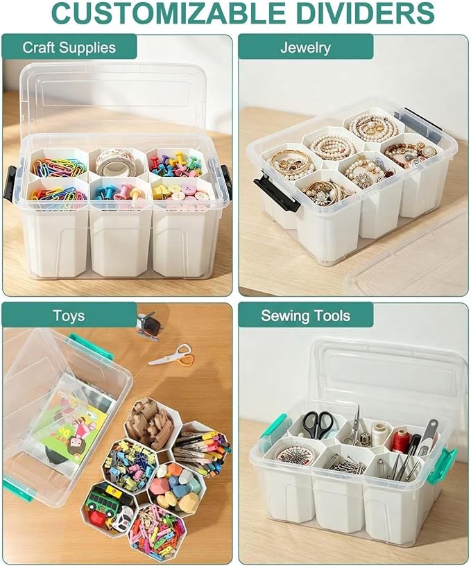 NUMIFUN 17QT Clear Storage Bins with Lids & Dividers for Crafts | Stackable 17-quart transparent box featuring 6 tall removable inserts. Perfect for organizing crafts, tools, toys & crayons - Image 3
