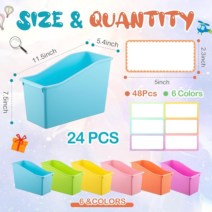 Geetery 24 Pcs Book Bin for Classroom with Labels Stackable Plastic Organizing Bins 11.5 x 5.4 x 7.5 in Book Holders Storage Bins Box Baskets for Classroom Library Home (Pastel Color) - Image 2