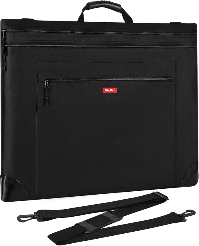 Nicpro Light Weight Art Portfolio Bag, 18" x 24" Art Canvas Portfolio Case | with Detachable Shoulder Strap, Leather Corners, Carrying Storage Case for Artwork, Poster, Sketching, and Drawing, Black by Nicpro