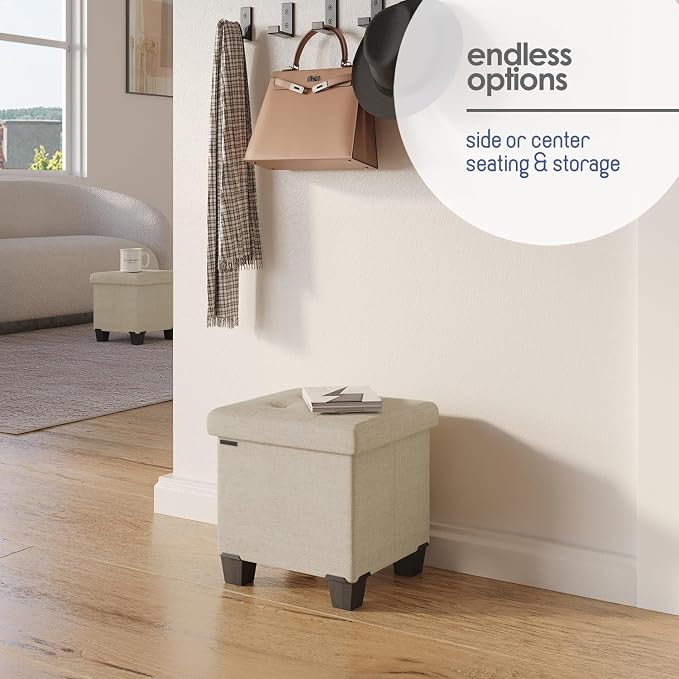 Storage Ottoman Cube with Small Bin, 15-in Square Ottoman with Storage for Living Room and Bedroom, Small Ottomans Foot Rest, Fabric Foot Stools Ottomans Max 330lbs, Beige - Image 6