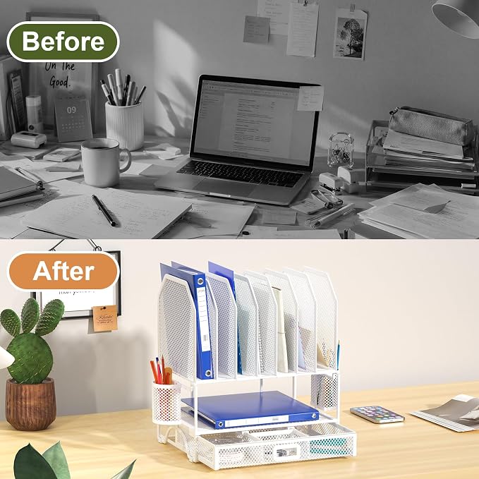 FANXIYQ Metal Desk Organizer with Sliding Drawer, 7-Section File Organizer for Desk, Desktop File Folder & Paper Organizer with 2 Hanging Pen Holders, Office Supplies Organizer, White - Image 4