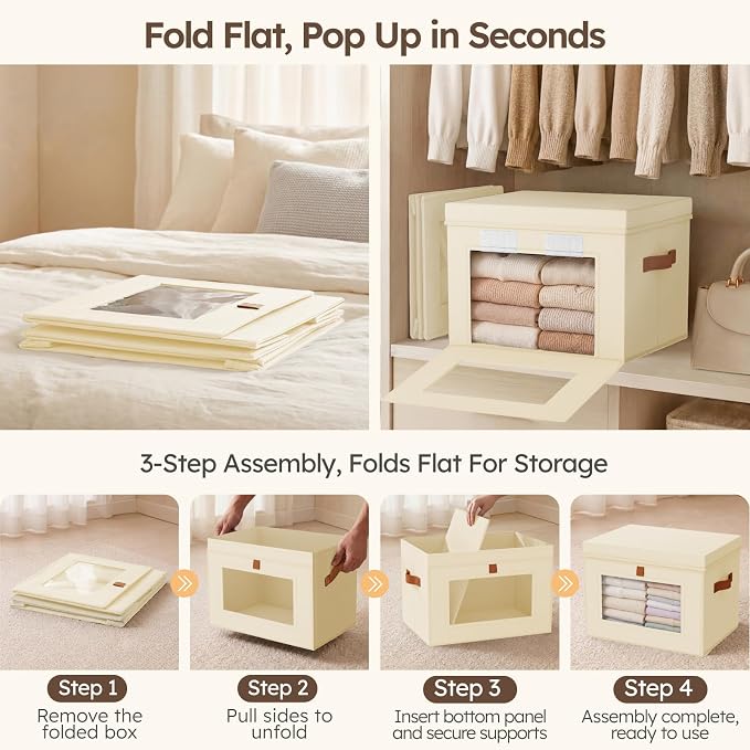 Storage Bins with Lids - Front Opening Storage Box with Clear Window & Handles, Stackable Foldable Fabric Bins for Closet Organization, Clothes, Sweaters, Towels, Blankets, 4 Pack, Beige - Image 5