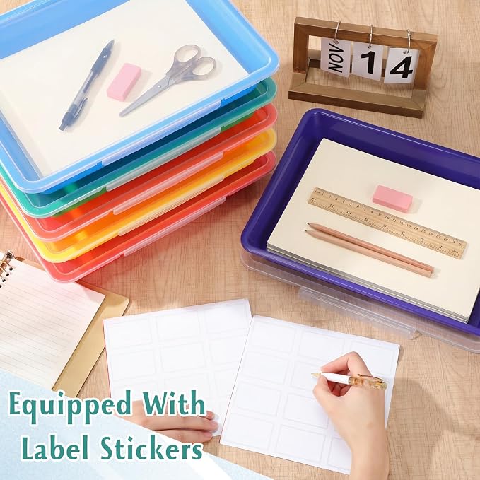 12 Pcs Classroom Paper Storage Bins with Clear Latching Lids Labels, Letter Size Stackable Flat Trays Container Paper Organizer for Teacher Back to School Office Arts Crafts (Rainbow,13x10in) - Image 5