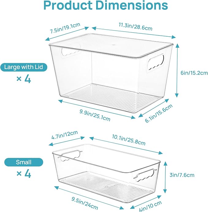 Vtopmart 8 Pack Clear Storage Bins with Lid Set for Pantry Organizer | 4 Large and 4 Small Plastic Pantry Storage Bins with Handle, Storage Containers for Pantry, Kitchen, Fridge, Cabinet - Image 2
