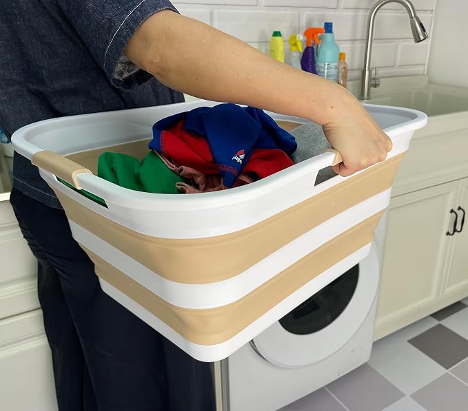 SAMMART 42 (11 Gallons) Collapsible Plastic Laundry Basket, Foldable Pop Up Storage Container/Organizer, Space Saving Hamper, Portable Bin for Dorm Room Bathroom (1, White/Beige) - Image 5