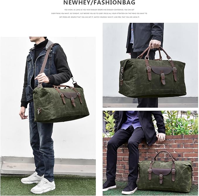 Oversized Travel Duffel Bag Waterproof Canvas Genuine Leather Weekend bag Weekender Overnight Carryon Hand Bag, Dark Green - Image 5