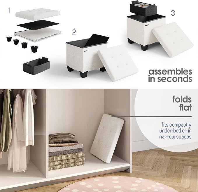 Storage Ottoman Cube with Small Bin, 15-in Square Ottoman with Storage for Living Room and Bedroom, Small Ottomans Foot Rest, Fabric Foot Stools Ottomans Max 330lbs, Cream - Image 8