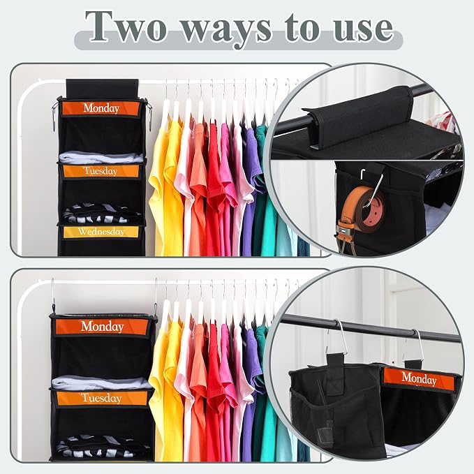 2 Pcs 6 Shelf Hanging Weekly Clothes Organizer for Kid,Black | Closet Organization, Hanging Closet Shelves with Side Pockets, Labeled Shelves with Days of The Week Monday Through Weekend - Image 5