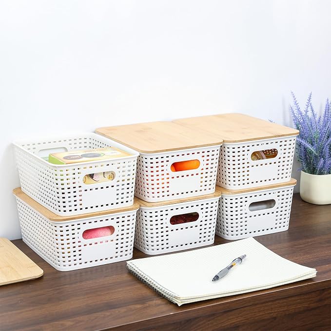 Plastic Storage Bins With Lid Stackable Organizing Container Woven Lidded Storage Organizer Baskets for Shelves Drawers Desktop Closet Playroom Classroom Office,6 Pack - Image 5