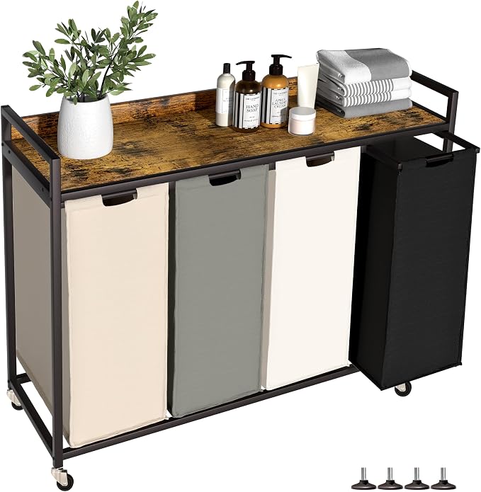 Herture Laundry Hamper with Shelf, Laundry Basket 4 Section, Laundry Sorter with Pull-Out Removable Large 4 Color Bags and Movable Wheels, Metal Frame, 4 x 15.87 Gallons (60L), Rustic Brown PF07XLN by Herture