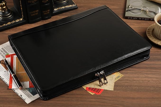 Black Leather Padfolio for Women/Men, Business Leather Binder 3 Ring Portfolio, Personalized Leather Portfolio Binder, Zippered Portfolio Organizer for A4 Notepad & 13-inch Laptop/Tablet - Image 3
