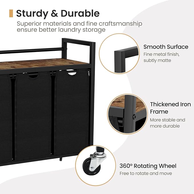 SwaaVee Laundry Sorter, Laundry Hamper 3 Section, 3×11.4Gal, Metal Frame Rolling Laundry Basket with Wooden Top Shelf, Pull out and Removable Laundry Bags, 3 Bags-Black - Image 5
