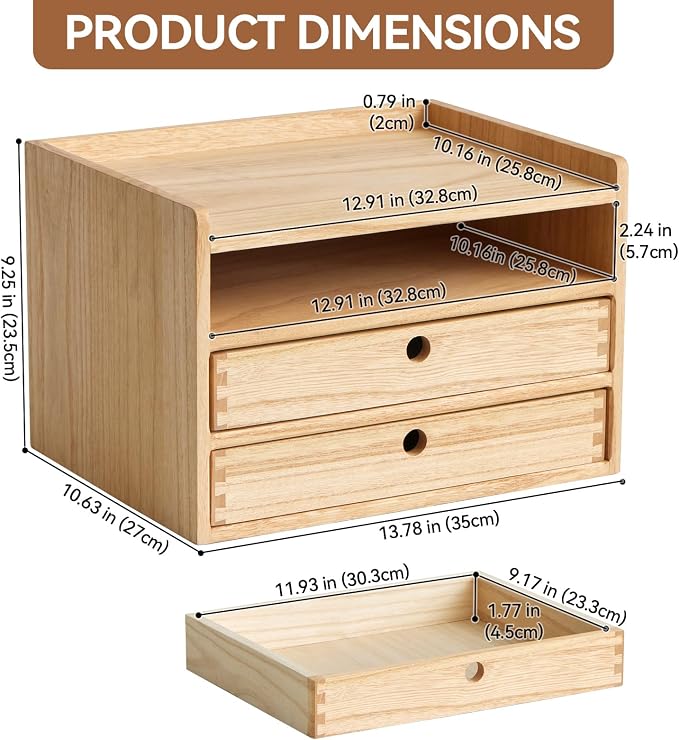 KIRIGEN Wooden Desk Organizer with 2 Drawers and Top Tray, Natural 3D2C-NA | Three-Tier Desktop Storage Cabinet Stores Papers, Office Supplies, Cosmetics, Crafts, and Small Accessories for Home Office - Image 2