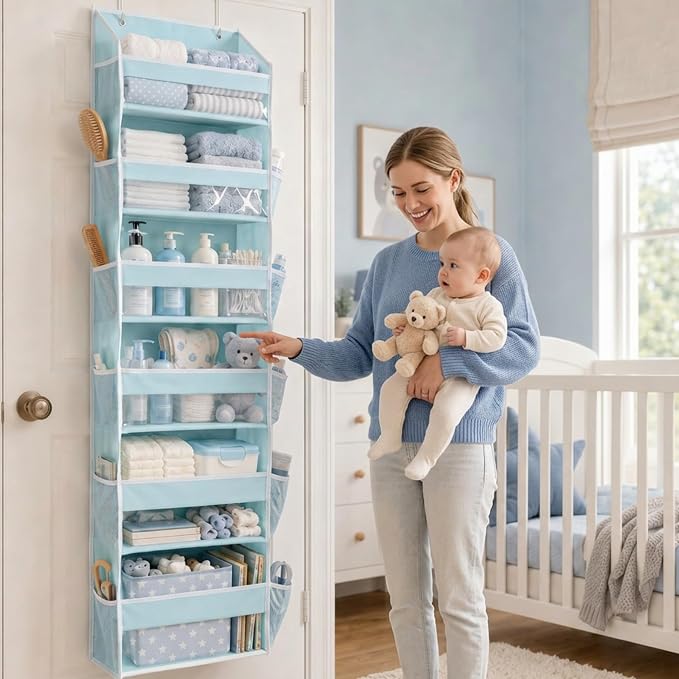 Over the Door Organizer, 6-Tier, 100D Fabric, Baby Blue 1pc | Over the door shoe organizer, 50 lbs capacity, 12 side mesh pockets, 100D extra thick fabric, Closet & entryway storage - Image 2