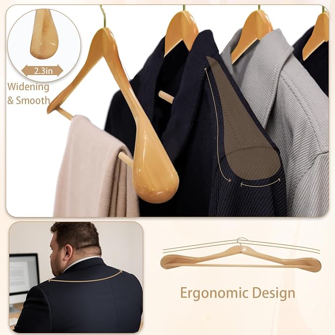 Urby 6pk 21 inch Wide Shoulder Wooden Hangers, Original Wood Color | For Plus Size Cloth, No Shoulder Bump Design, Non Slip Pants Bar, For XXL Suit, Jackets, Heavy Cloths, Easy-to-Install Hook - Image 7