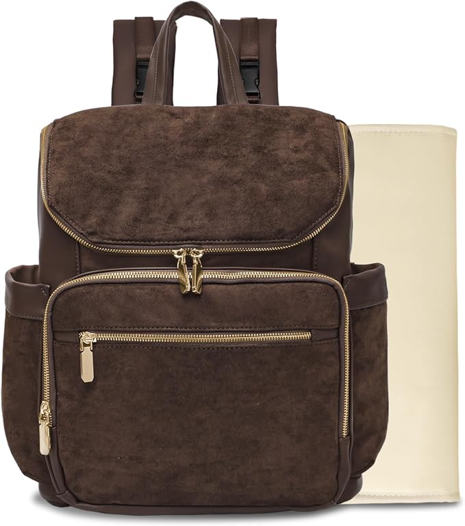 miss fong Leather Diaper Bag Backpack Suede Baby Backpack with Changing Pad | 14Pockets Convertible Mommy Diaper Backpack for Mom Waterproof Wet Pocket,Insulated Pockets,Stroller Straps Luggage Sleeve by missfong
