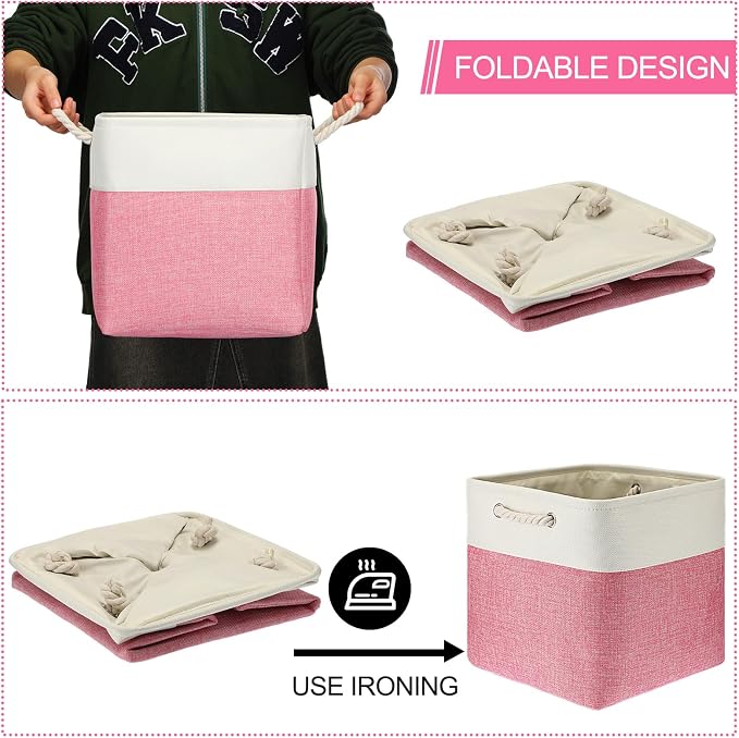 meekoo 8 Pack Collapsible Storage Bins Fabric Storage Bins Polyester Fabric Baskets with Handles Linen Closet Organizer for Shelf Home Closet Towels Toys(12 x 12 x 12 in,Pink White) - Image 5