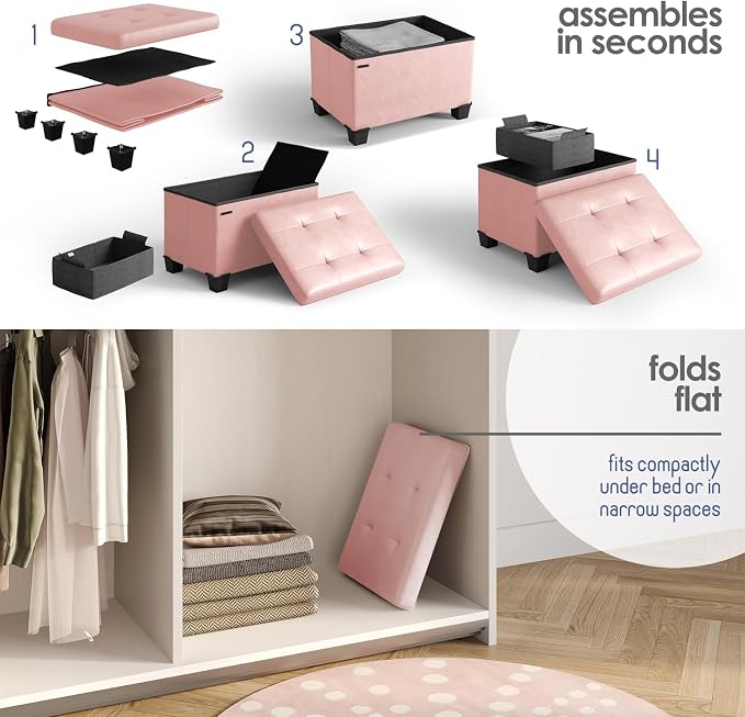 Storage Ottoman Cube with Small Bin, 16-in Square Ottoman with Storage for Living Room and Bedroom, Small Ottomans Foot Rest, Leather Foot Stools Ottomans Max 330lbs, Pink - Image 9