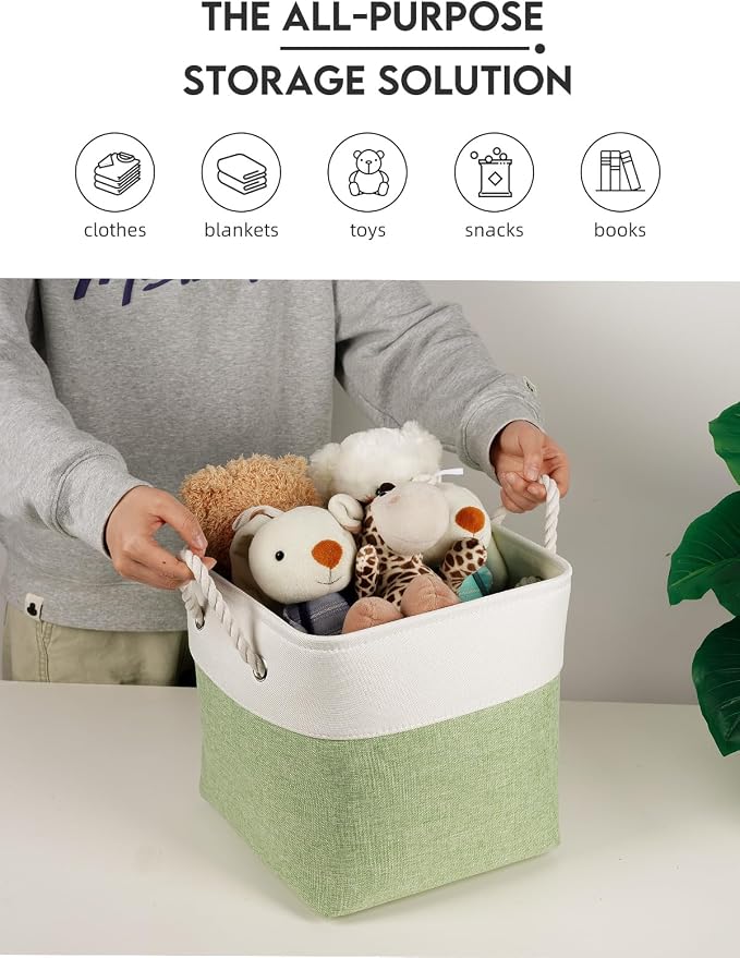 Temary 11 Inch Cube Storage Bins - 6 Pack Foldable Fabric Storage Baskets with Soft Rope Handles, Sturdy Organizer Cubes with Metal Frame for Shelves, Closet, Office & Home Organization (White&Green) - Image 7