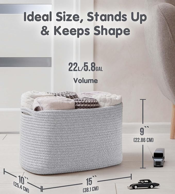 CHAT BLANC Cotton Rope Baskets for Organizing, Shelves, Toys, Storage, Shoe, Bathroom, Laundry, Towel, Nursery, Home Decor, Blanket, Cloth Woven Bins Fabric (Gray7, 15"x10"x9") - Image 2