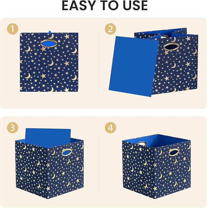 Posprica 13x13x13 Storage Cube Bins, Collapsible Storage Bins Fabric Storage Cubes Organizer Baskets Box Drawers for Shelves, Closet, Wardrobe, Bookshelf, Cabinet, Blue-Moonstar, 4 Pack - Image 4