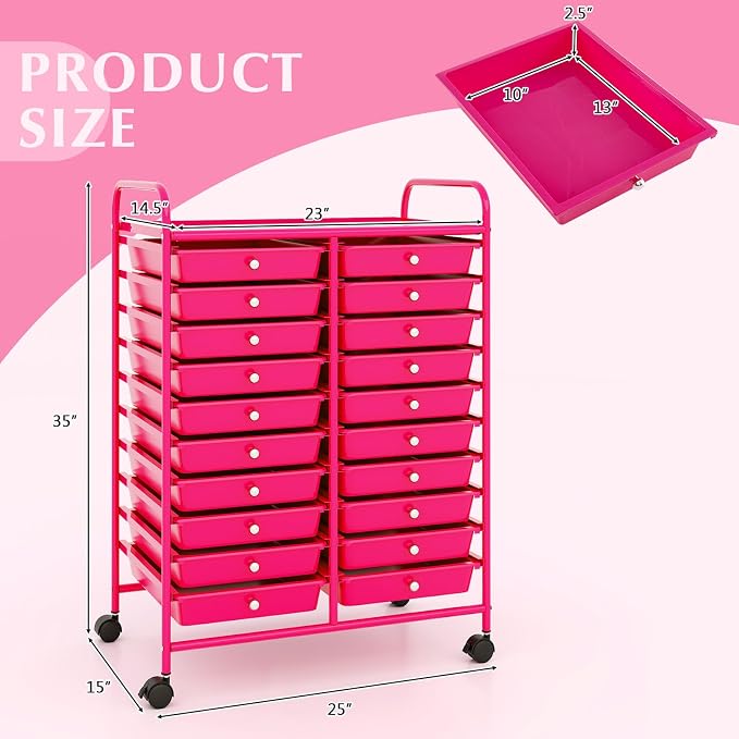 RELAX4LIFE 20-Drawer Rolling Storage Cart - Mobile Rolling Cart w/Drawers for School Classroom Teacher Office Home Salon, Paper File Art Supply Craft Organizer, Utility Cart on Wheels (Hot Pink) - Image 3