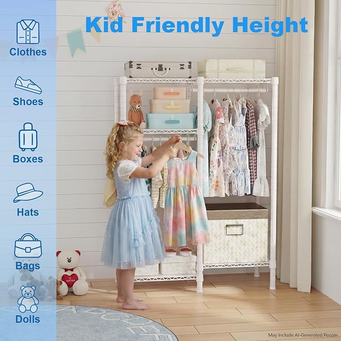 F1 Garment Rack for Kids, 4 Tiers Closet System Hold 410lbs, White | Clothing Rack for Baby and Children's Room, Small Freestanding Clothes Racks with 2 Hanger Rods, 31.2"W x 11.8"D x 48"H - Image 6