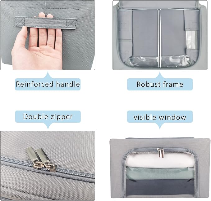 Clothes Storage Box Bins Stackable Foldable Organizer,Sturdy Handles with Metal Frame for Clothing Bedding Shelves,Closet Container with Clear Window Zipper and Label Holder (Gray, 22L x3 Pack) - Image 4