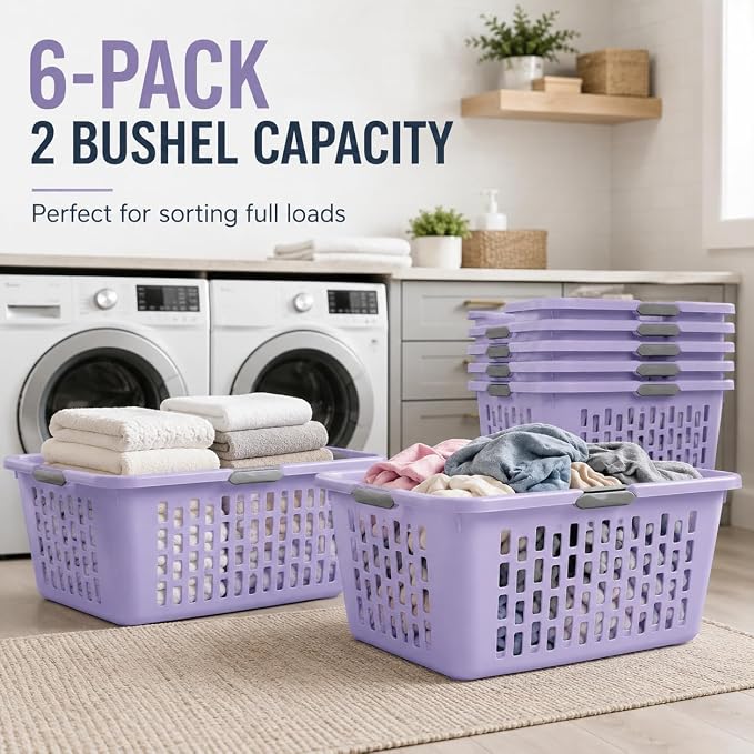 Laundry Basket 2 Bushel Plastic with 4 Handles 6 Pack Lilac | 6-Pack 2 Bushel Laundry Baskets with 4 Comfort-Grip Handles – Carries easily from any side. Rectangular ventilation holes - Image 6