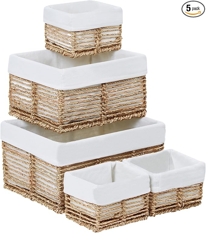 Wicker Storage Basket, 5 Pack Baskets for Organizing, Seagrass Storage Baskets, Rectangular Wicker Baskets for Storage Shelves, Cube Storage Bins For Closet/Clothes/Dresser by Vagusicc