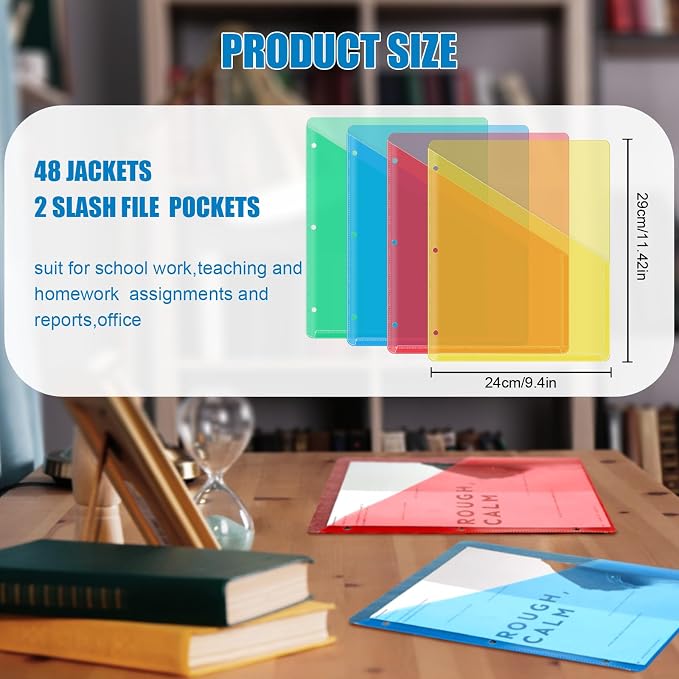Seajan 48 Pcs Binder Pocket Folders, Clear 3 Ring Binder, Multicolored | Plastic Folders Sleeves with 2 Pockets, Poly Slash File Jackets, 3 Hole Punched Dividers for School, Office, Documents - Image 2