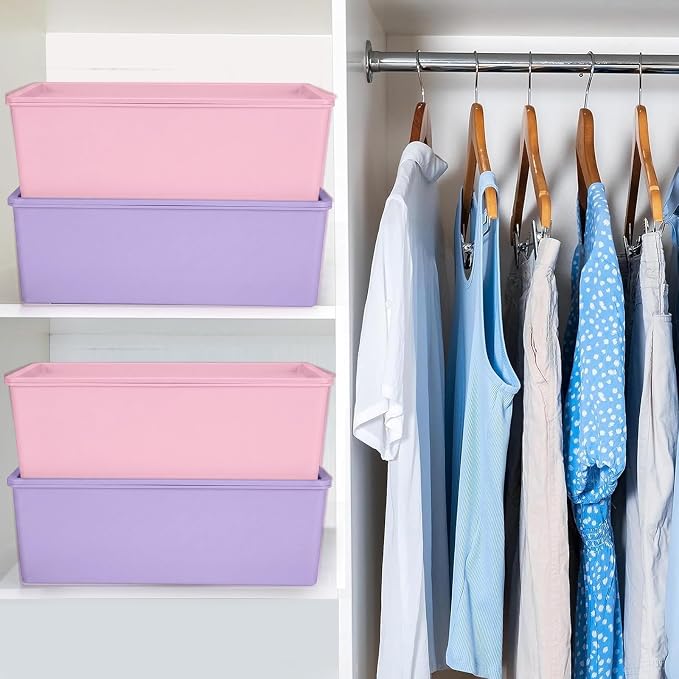 6 Pcs Large Plastic Storage Bins with Lids, Pink, Purple | 14.4 x 10.4 x 5.1 Inch, Stackable Storage Containers, Decorative Cubby Organizer for Clothes Shelves Garage Closet Office - Image 5