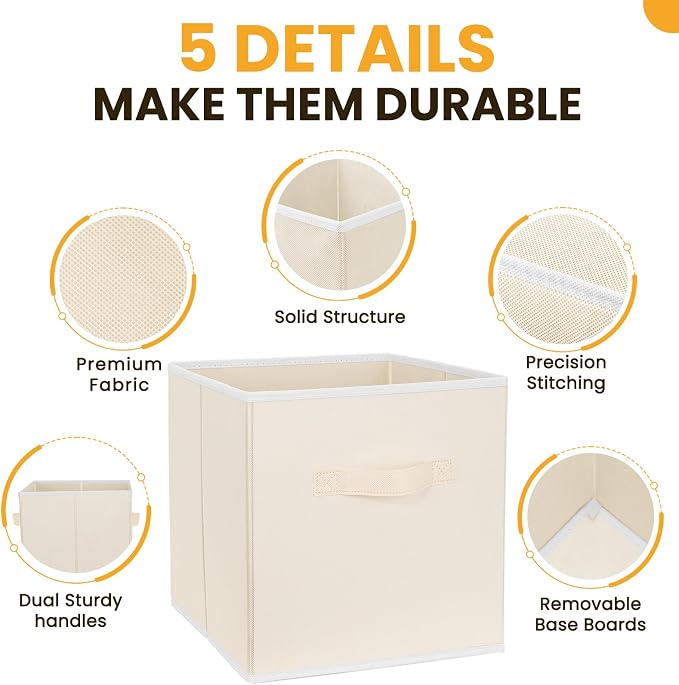 Large Storage Cubes, 13 Inch Cube Storage Bins for Shelves Closet Nursery Bedroom - 10 Pack Collapsible Storage Baskets with Handles - Fabric Bins for Organizing Magazines Clothes Toys (Beige) - Image 6