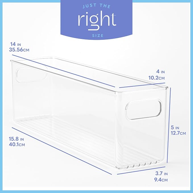 Plastic Food Storage 6 Pack Clear Container Bin with Handles for Organizing Kitchen, Pantry, Refrigerator, Freezer, Pantry, Cabinet, Closet, Bathroom. 14”x4”x5” - Image 3