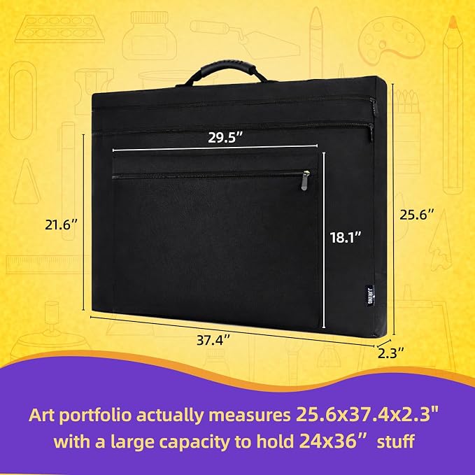 JJRING 24x36 Art Portfolio Tote Bag With Shoulder Strap, Black | Large Carrying Storage Case With Handle For Artwork, Posters, Canvas, And Drawing Boards - Image 2