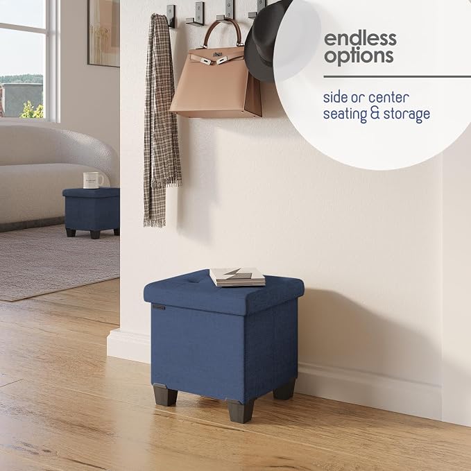 Storage Ottoman Cube with Small Bin, 15-in Square Ottoman with Storage for Living Room and Bedroom, Small Ottomans Foot Rest, Fabric Foot Stools Ottomans Max 330lbs, Blue - Image 7
