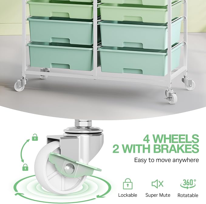 TOOLF 12 Drawers Rolling Storage Cart with Wooden Top for Classroom,Green | Teacher Cart Craft Art Supply Organizer, Utility Cart with Lockable Wheels for Home Household Essentials, Office Organization - Image 4