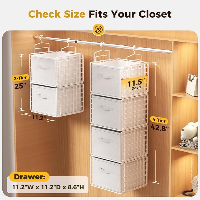 4 Tier Hanging Closet Organizer with 4 Drawers, White | Metal Hanging Shelves with 4 Hanging Hooks for Wardrobe Laundry Garage, No Sagging, Modular Design, Space Saving - Image 2