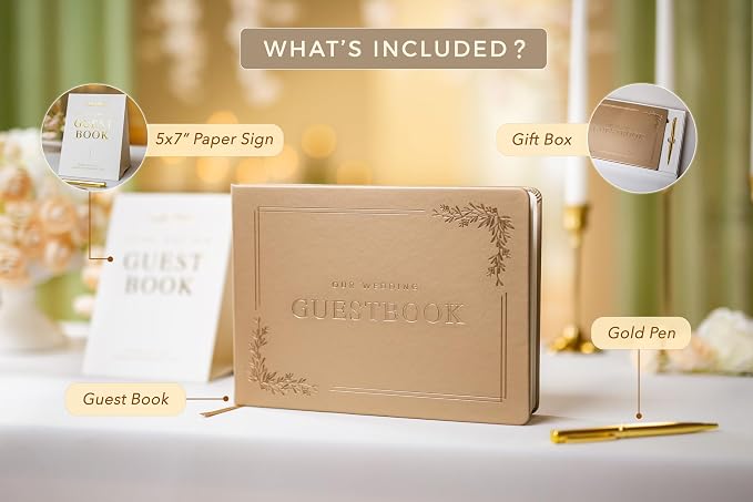 Floral Embossed Wedding Guest Book Set - 9 x 7.5 Hardcover Guestbook for Wedding Reception Sign in, Messages, Bridal Shower Engagement Party (Champagne Gold) - Image 4
