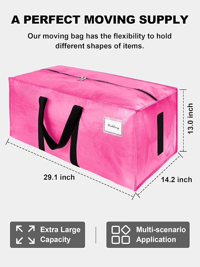 HOMESURE Supports 200lbs Heavy Duty Moving Bags - Strong Zipper & Wrap-Around Handles - Water-Resistant Storage Totes, Durable Alternative to Moving Boxes - 4 Pack - Pink - Image 5