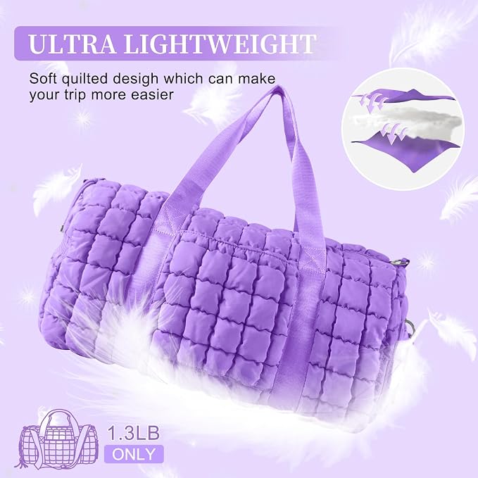 Quilted Travel Duffle Bag Gym Bag for Women,Large Puffer Duffle Weekender Bag with Compartment,Workout Overnight Carry on Organizer Bag Duffle Bag for Airplane Travel(Purple) - Image 8