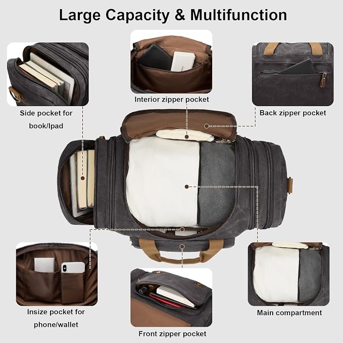 Waxed Canvas Duffel Bag 50L, Dark Grey | Waterproof, Travel, Overnight, Weekender - Image 4