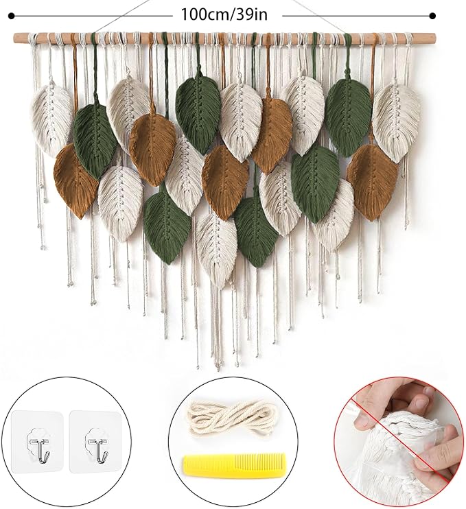 Large Macrame Wall Hanging Boho Woven Tapestry Chic Home Decor Wall Art | KHOYIME Modern Bohemian Handmade Leaf Feather Decoration for Apartment Dorm Living Room Bedroom Nursery Backdrop 39"W X29.5"L - Image 2