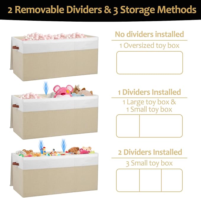 Extra Large Toy Storage Box with Lid,Toy Chest Bin Basket with Dividers | Sturdy Toy Organizer Bin for Kids, Boys, Girls, Nursery, Closet, Bedroom, Playroom 35.5"x17" x17" (Beige and White) - Image 3