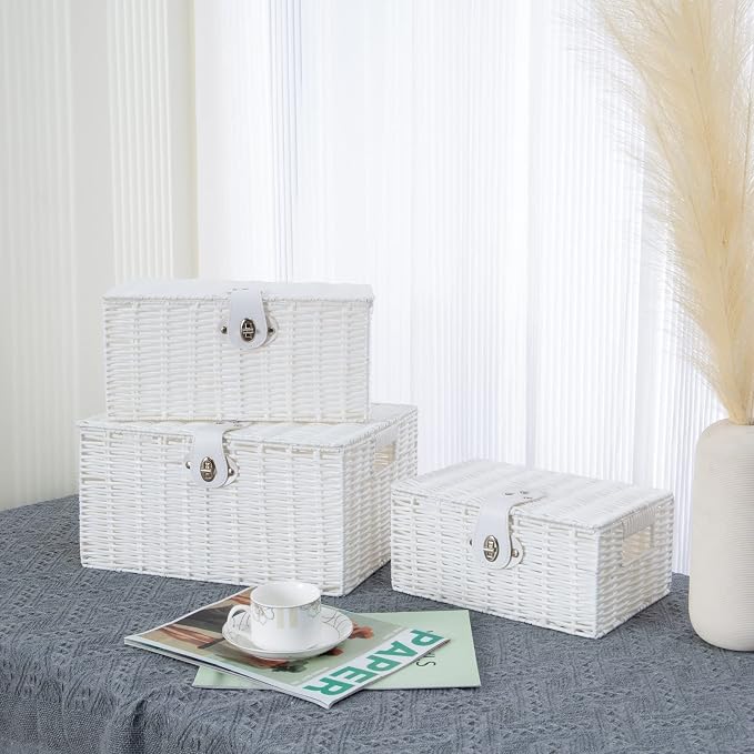 Set of 3 Woven Wicker Storage Basket Box with Lids & Lock, Built-in Carry Handles, Multifunctional Storage Organizer for Nursery, Baby, Clothes, Toys, Books, Large/Medium/Small Size (White) - Image 7