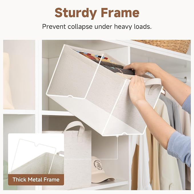 StorageWorks Linen Closet Organizers, Fabric Storage Bin, Beige, 2-Pack | Large, With Reinforced PU Handles, Metal Frame, Collapsible, Basket for Shelves, Closet, Holds Clothes, Towels, Blankets - Image 4