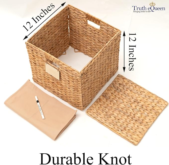 Water Hyacinth Storage Baskets For Organizing, Wicker Baskets For Storage Cube Organizer, Rattan Basket Set, Woven Basket Organizer, Canastas Para Organizar, Cube Shelf, Cubes Bins 12x12 In, 4 Psc - Image 2