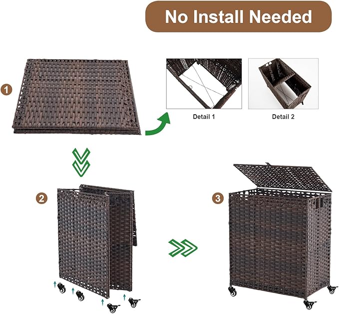 Laundry Hamper with Wheels&Lid, 50.2 Gallons(190L) Rolling Laundry Basket with Wheels, 3-Section Laundry Hamper, Handwoven Rattan Clothes Hamper with 6 Removable Liner& 3 Mesh Laundry Bags, Brown - Image 6