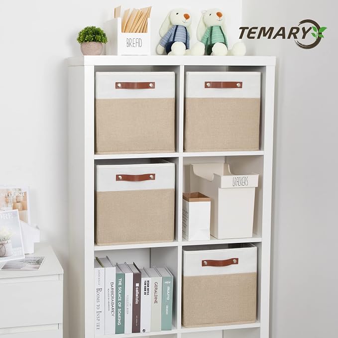 Temary Fabric Storage Cubes - 12 Inch Collapsible Bins (4Pack) - Empty Gift Baskets for Organizing Shelves, Closets, Nursery (White & Khaki) - Image 6